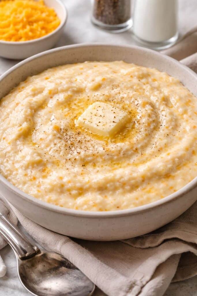 Creamy Southern grits with butter and black pepper served in a bowl