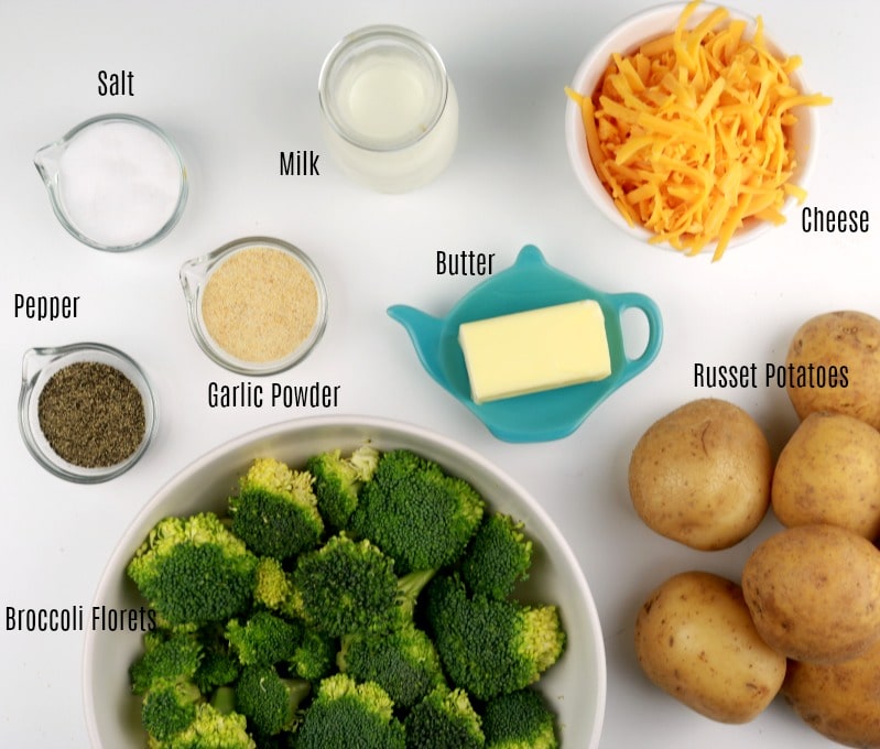 an image of the ingredients needed for broccoli cheese mashed potatoes