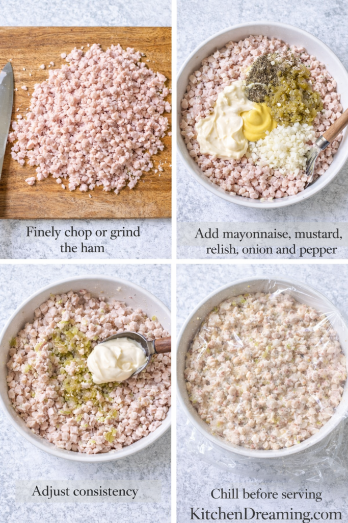 Best Ham Salad Recipe – Old Fashioned, Creamy, Easy to Make 3 Step by step process for making ham salad recipe including chopping and mixing.