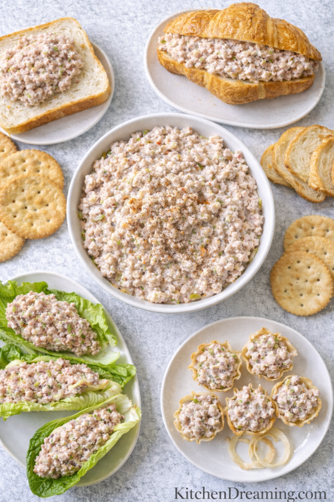 Best Ham Salad Recipe – Old Fashioned, Creamy, Easy to Make 4 Ham salad recipe served with croissants, crackers, and sandwich bread overhead.