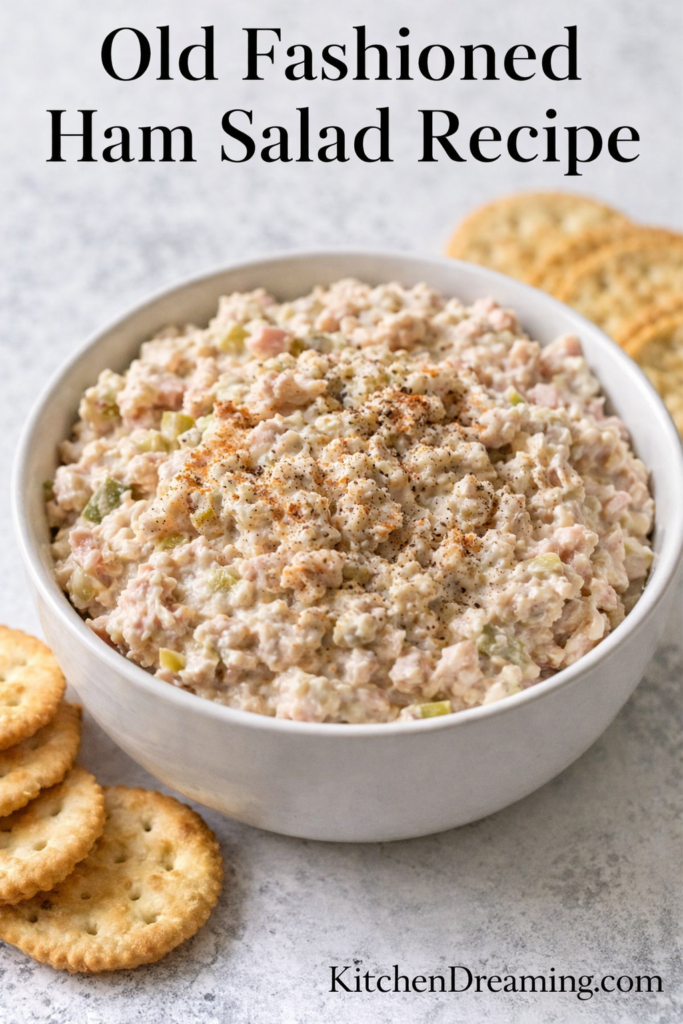 Best Ham Salad Recipe – Old Fashioned, Creamy, Easy to Make 8 Old fashioned ham salad recipe in bowl with crackers and search style graphic.