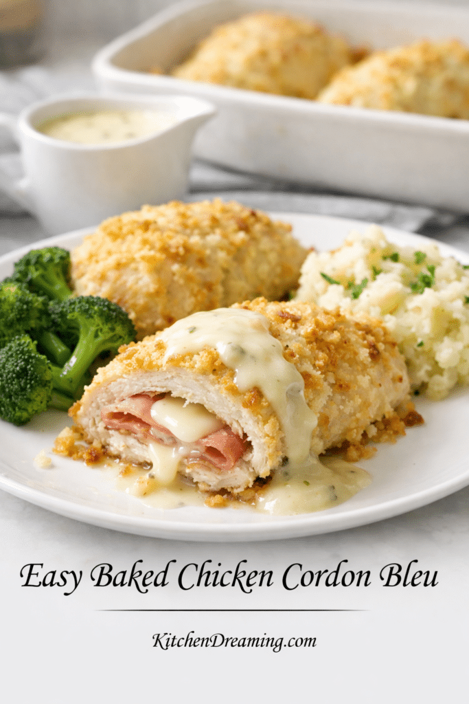 Easy baked chicken cordon bleu on a plate, sliced to show ham and Swiss stuffed chicken with a golden baked topping.