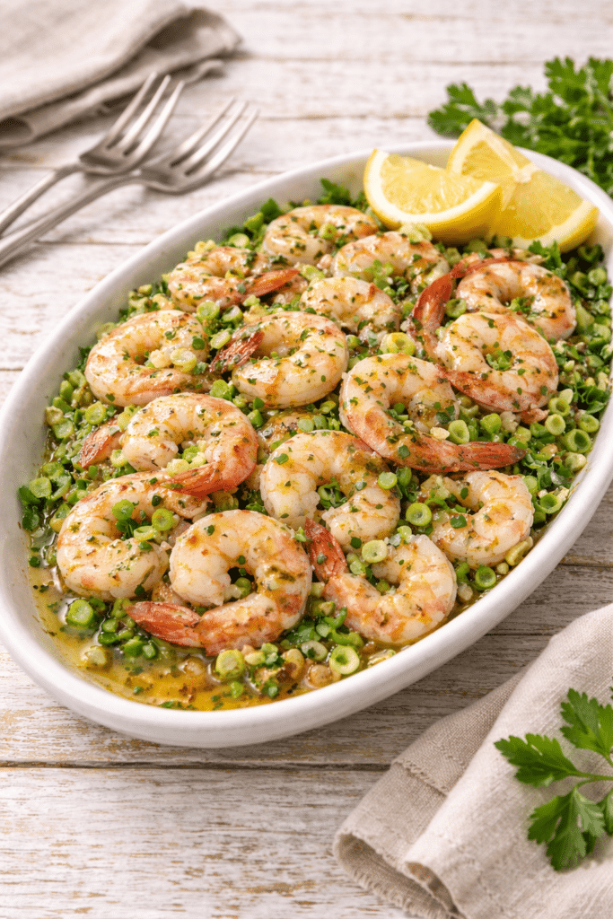 Farmhouse hero bowl of make-ahead marinated shrimp appetizer with fresh herbs, lemon wedges, and zesty Dijon marinade.