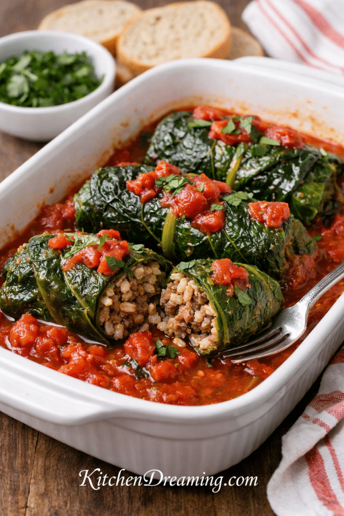 Stuffed kale rolls recipe in tomato sauce, with ground beef and rice, baked in a white dish.