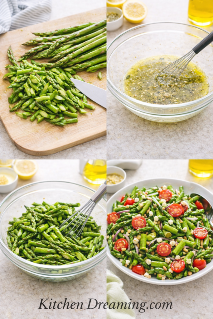 Asparagus Salad Recipe (Easy Fresh Spring Side Dish) 2 Step-by-step process of making raw asparagus salad recipe with sliced asparagus and vinaigrette.