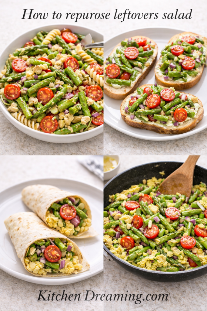 Asparagus Salad Recipe (Easy Fresh Spring Side Dish) 4 Leftover asparagus salad recipe repurposed into pasta, wraps, and egg scramble.