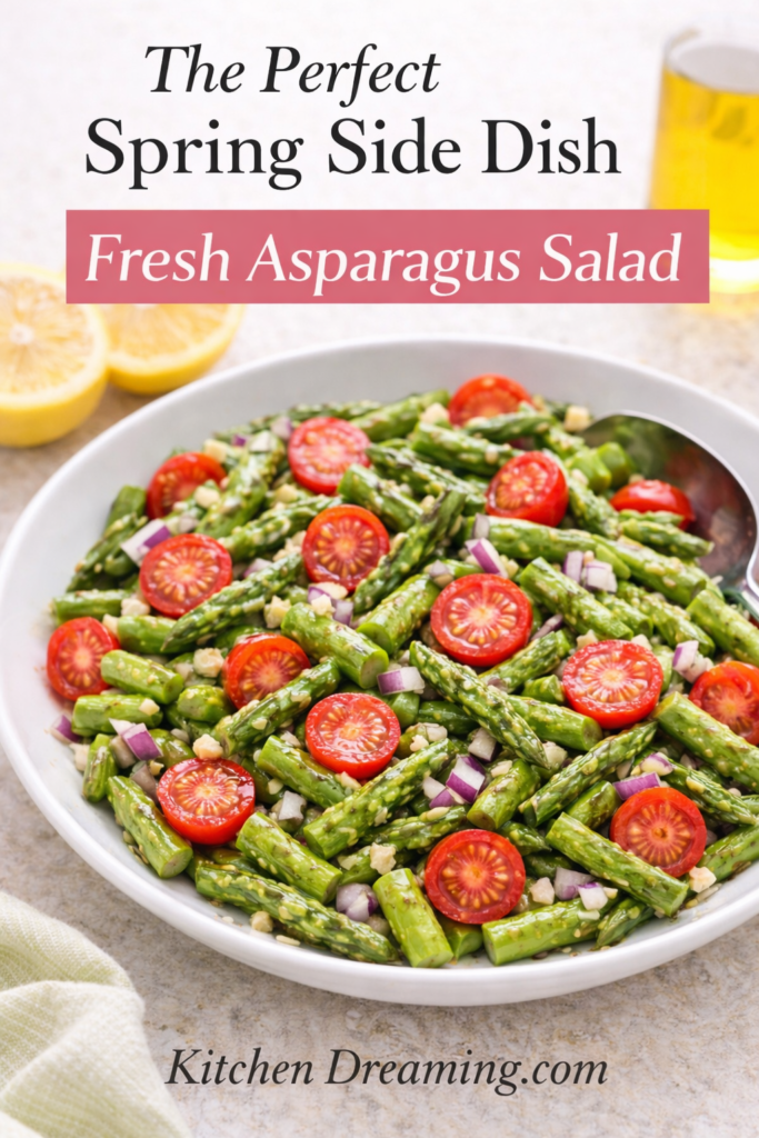 Asparagus Salad Recipe (Easy Fresh Spring Side Dish) 8 Fresh asparagus salad recipe with raw asparagus, grape tomatoes, and red onion served as a spring side dish.