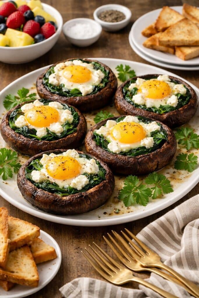 Baked portobello eggs with spinach and goat cheese on a farmhouse plate, vegetarian breakfast eggs baked in mushrooms.