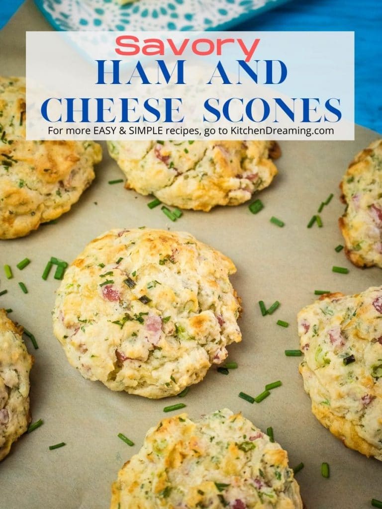 A pin image for ham and cheese scones - a simple, easy savory drop scone.
