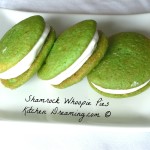 Shamrock Whoopie Pies include a light spearmint flavoring into the frosting sandwiched between vanilla cakes tinted green.
