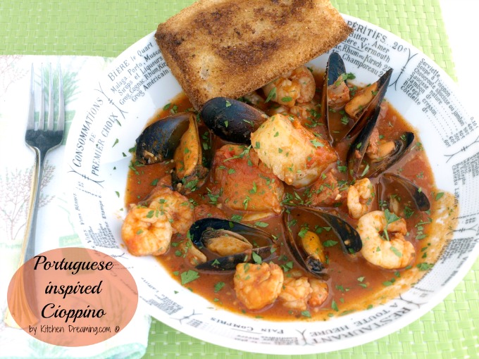 Portuguese Cioppino originated in San Francisco and is usually made from a mixture of the day's catch, which can be any combination of seafood.