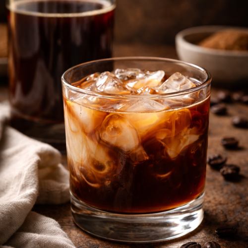 Homemade kahlua recipe in a glass over ice with rich coffee liqueur and creamy swirl.