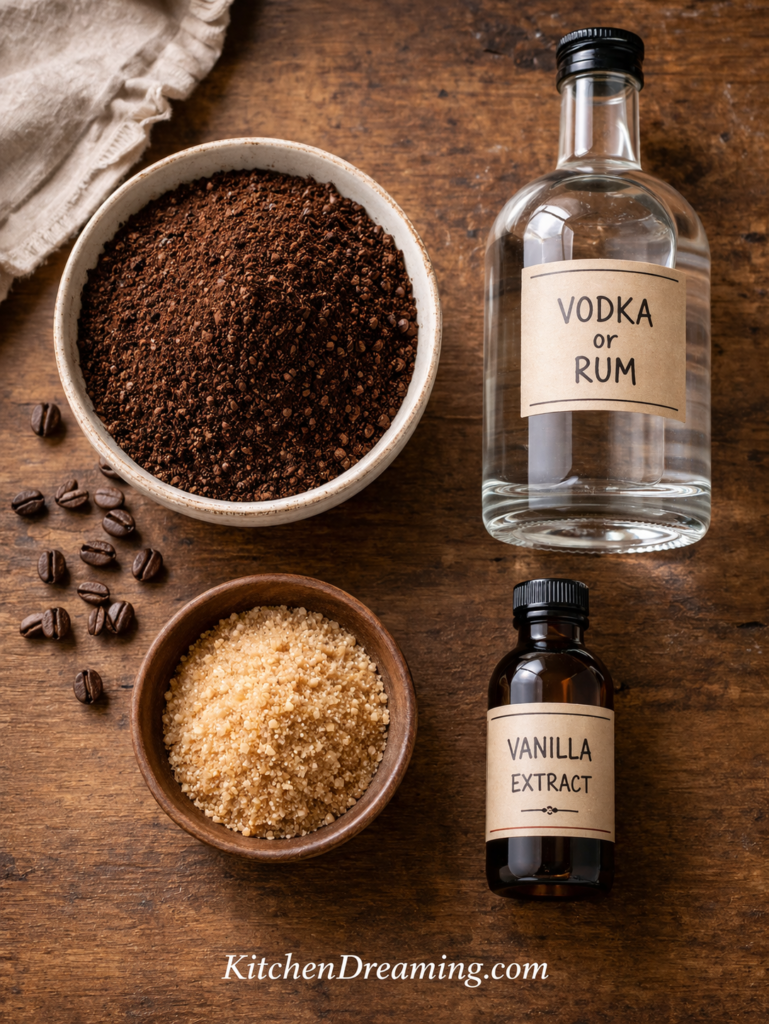 Homemade Kahlua Recipe (Better Than Store-Bought & Easy!) 2 Ingredients for homemade kahlua recipe including coffee, alcohol, vanilla, and sugar substitute.