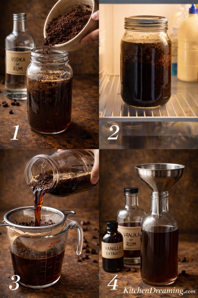 Homemade Kahlua Recipe (Better Than Store-Bought & Easy!) 3 Step by step homemade kahlua recipe process showing mixing, steeping, straining, and bottling.