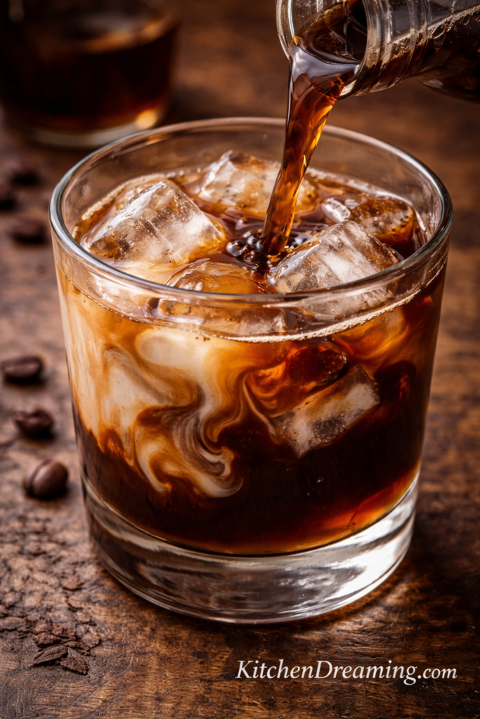 Homemade Kahlua Recipe (Better Than Store-Bought & Easy!) 6 Close up homemade kahlua recipe showing rich smooth coffee liqueur texture pouring over ice.
