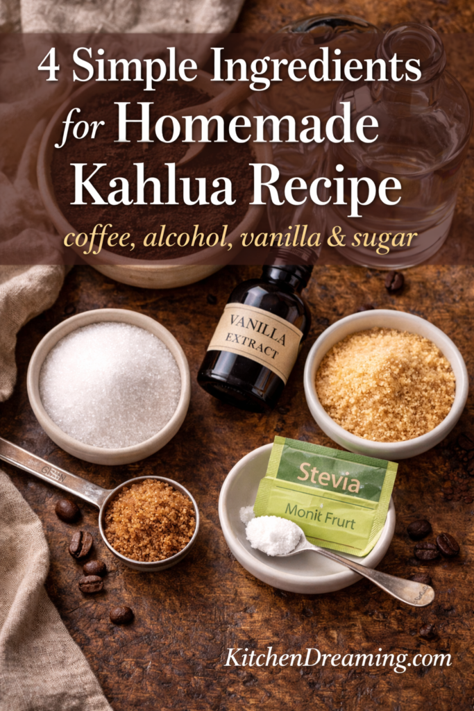 Homemade Kahlua Recipe (Better Than Store-Bought & Easy!) 10 Ingredients for homemade kahlua recipe including coffee alcohol vanilla and sugar substitute.