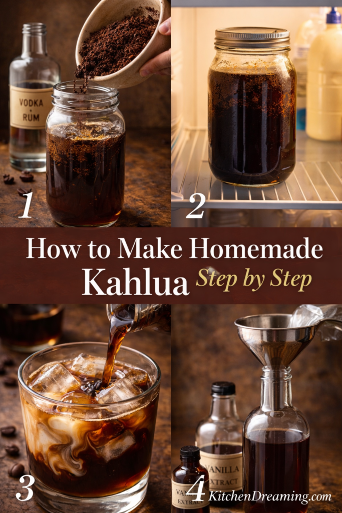 Homemade Kahlua Recipe (Better Than Store-Bought & Easy!) 11 Step by step homemade kahlua recipe process showing mixing steeping straining and bottling.
