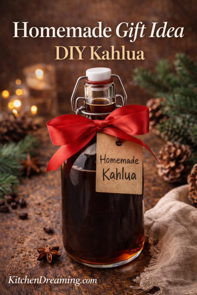 Homemade Kahlua Recipe (Better Than Store-Bought & Easy!) 13 Homemade kahlua recipe bottled as a gift with ribbon and tag on glass bottle.