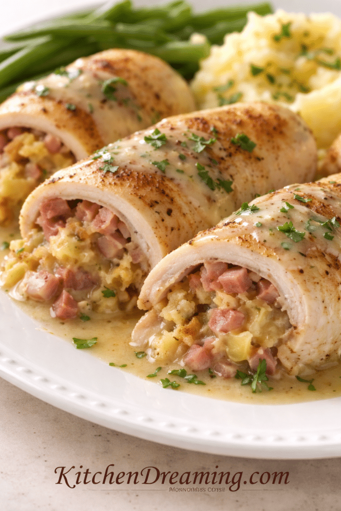 Chicken stuffed with ham and Swiss baked in the oven with creamy pan sauce on a plate.