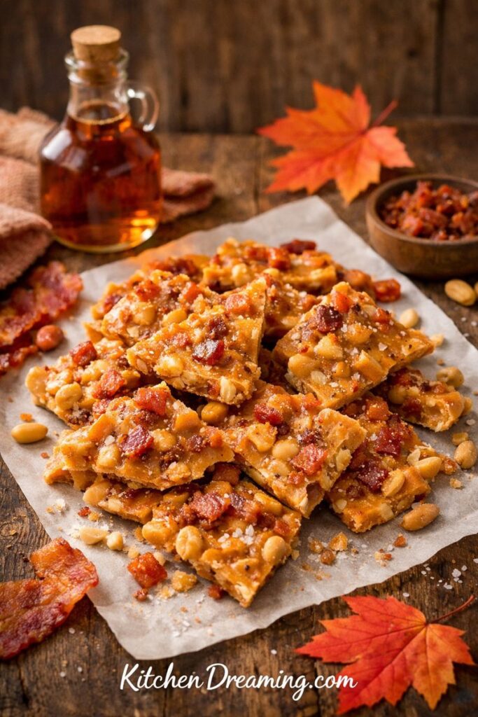 Close-up of crunchy maple bacon peanut brittle with roasted peanuts and crispy bacon bits in a glossy caramel coating.
