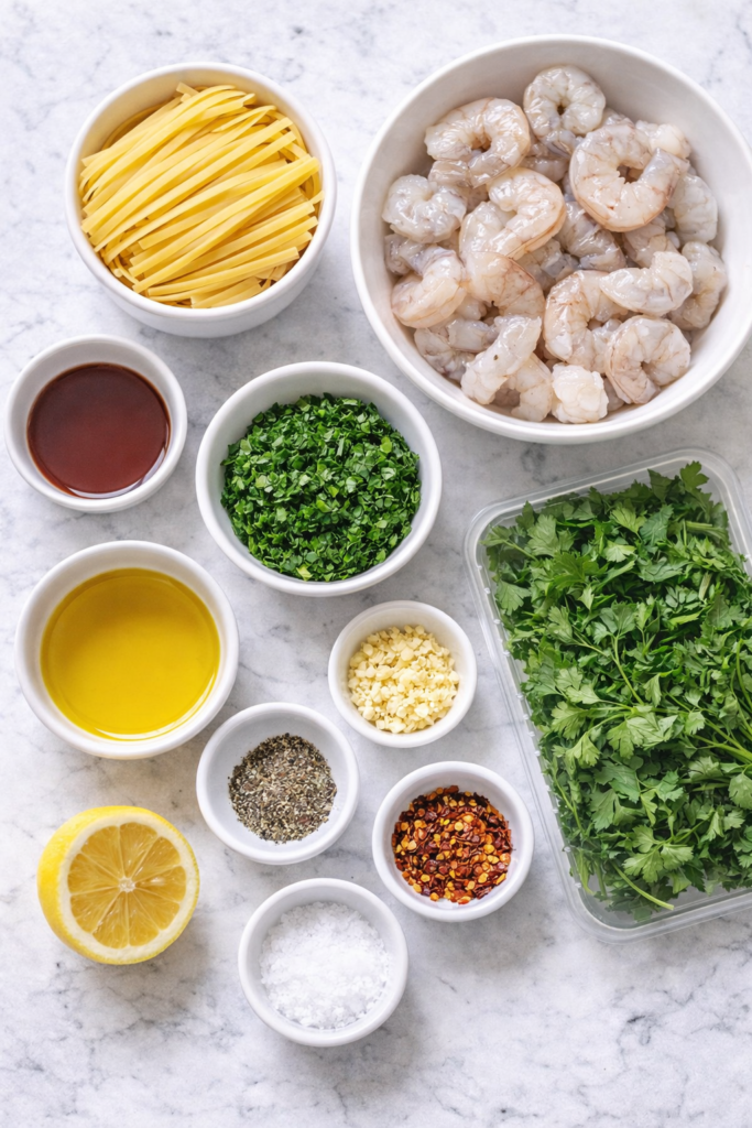 Chimichurri Shrimp Pasta with Fresh Herb Garlic Sauce 2 Chimichurri shrimp pasta ingredients measured in bowls including shrimp, pasta, parsley, garlic, and olive oil.