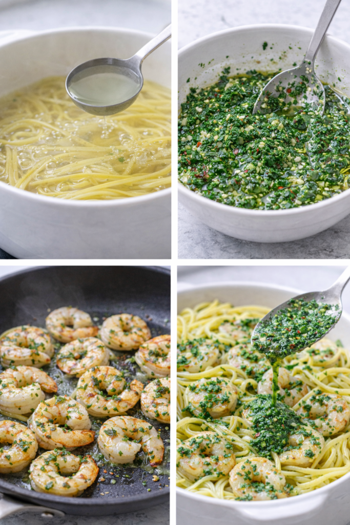 Chimichurri Shrimp Pasta with Fresh Herb Garlic Sauce 3 Chimichurri shrimp pasta step-by-step collage showing pasta cooking, sauce mixing, shrimp sautéing, and tossing.