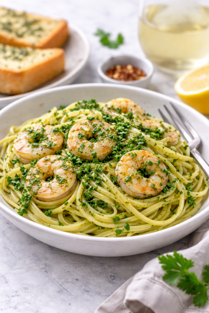 Chimichurri Shrimp Pasta with Fresh Herb Garlic Sauce 4 Chimichurri shrimp pasta with a lifted bite on a spoon showing glossy noodles, shrimp, and herb sauce.