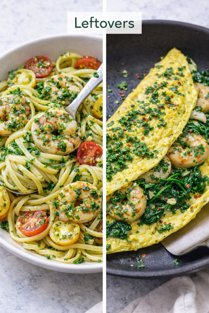 Chimichurri Shrimp Pasta with Fresh Herb Garlic Sauce 5 Chimichurri shrimp pasta leftovers turned into a cold pasta salad and a shrimp omelet with fresh herbs
