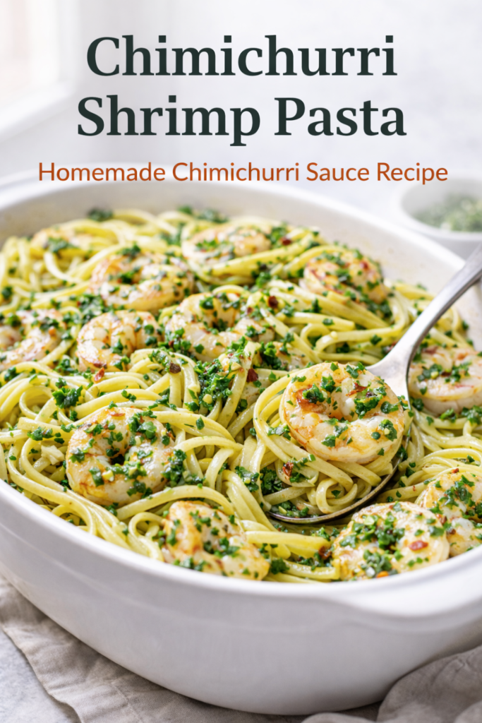 Chimichurri Shrimp Pasta with Fresh Herb Garlic Sauce 9 Chimichurri shrimp pasta in a white baking dish topped with fresh parsley and red pepper flakes.