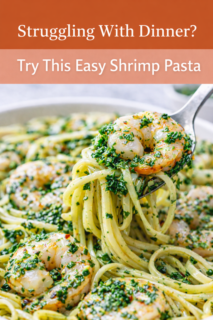 Chimichurri Shrimp Pasta with Fresh Herb Garlic Sauce 12 Chimichurri shrimp pasta plated with fresh herbs and tender shrimp in a shallow bowl.