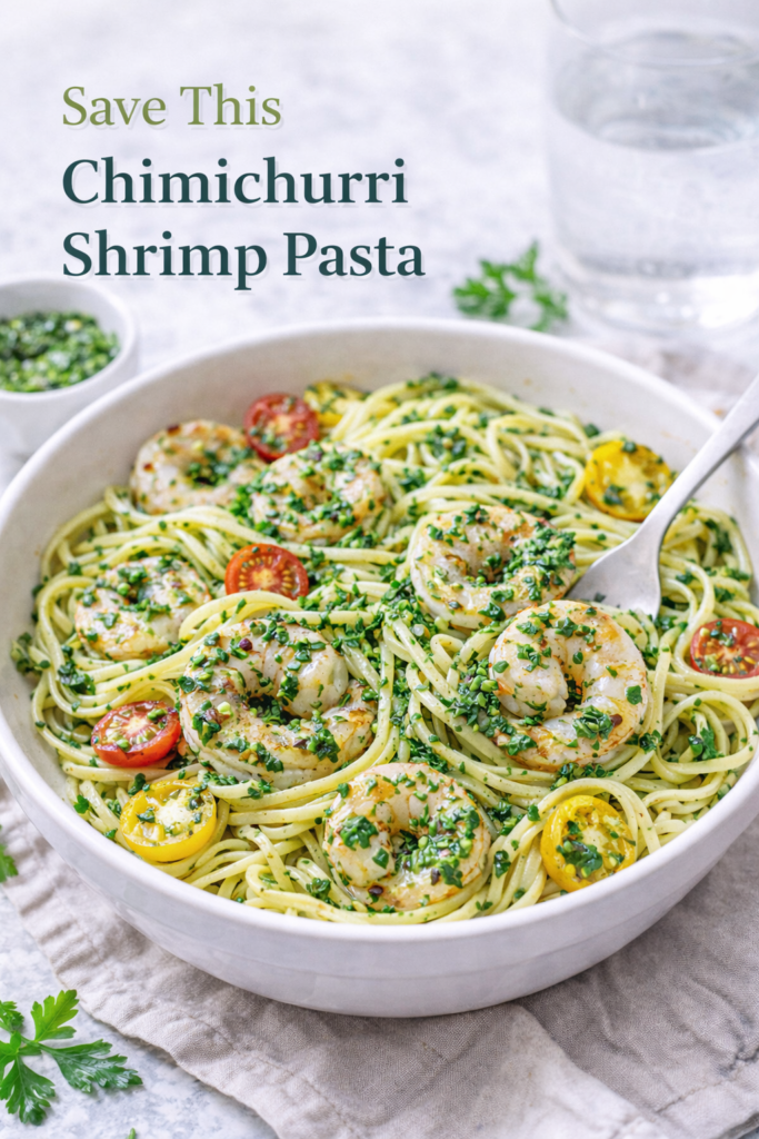 Chimichurri Shrimp Pasta with Fresh Herb Garlic Sauce 13 Plated chimichurri shrimp pasta topped with fresh parsley and cherry tomatoes.