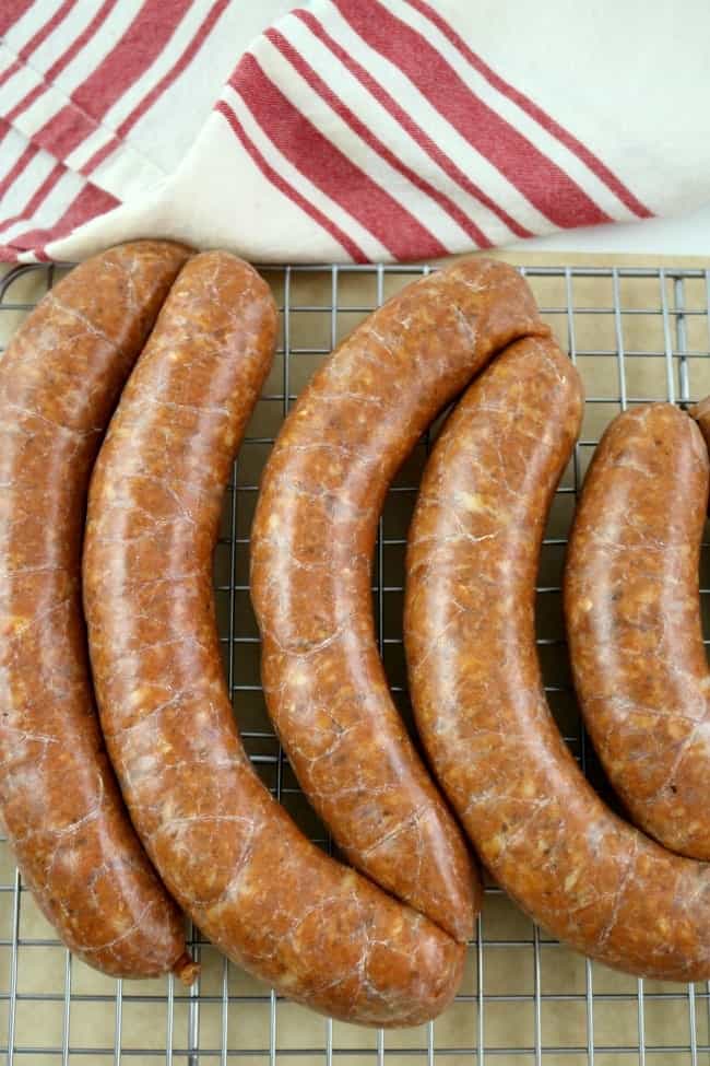 freshly stuffed linguica sausage ready for the smoker. 