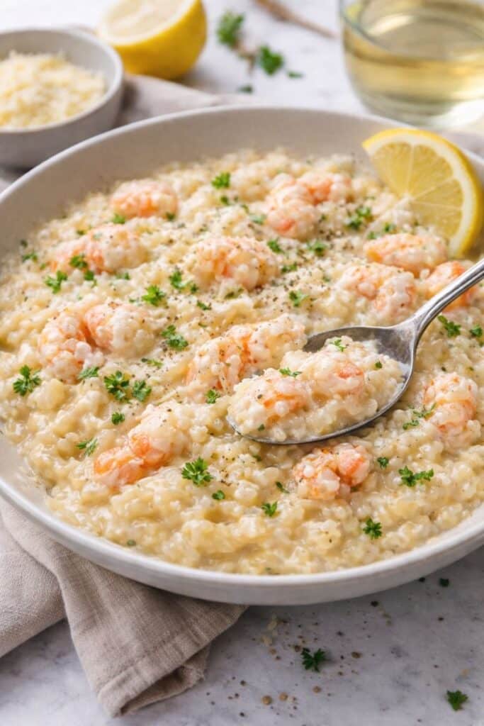 Creamy langostino risotto made with Arborio rice, Parmesan cheese, butter, and tender langostino tails served in a bowl.