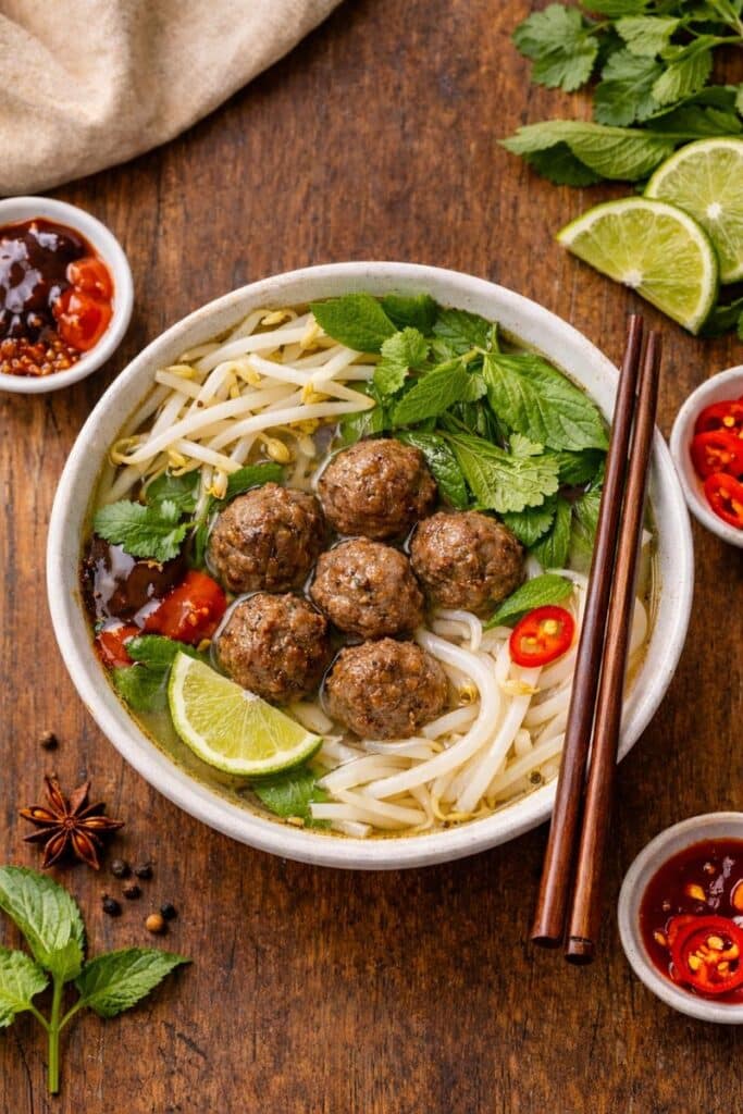 Dump and go crockpot pho with beef meatballs, rice noodles, herbs, lime, and bone broth for an easy weeknight pho recipe.
