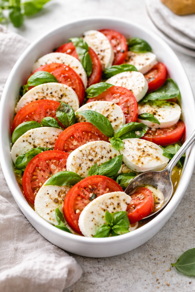 Caprese salad recipe in a white serving dish topped with tomatoes, fresh mozzarella, basil, and olive oil.