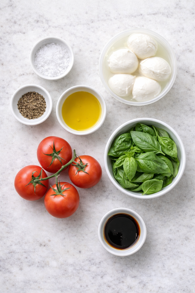 Classic Caprese Salad Recipe with Fresh Mozzarella and Basil 2 Ingredients for Caprese salad recipe including tomatoes, fresh mozzarella, basil, olive oil, salt, and pepper.