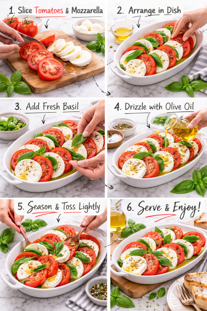Classic Caprese Salad Recipe with Fresh Mozzarella and Basil 3 Step-by-step collage showing how to make a Caprese salad recipe, from slicing and layering to drizzling olive oil and seasoning.