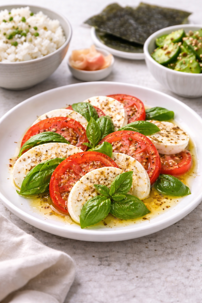 Classic Caprese Salad Recipe with Fresh Mozzarella and Basil 4 Caprese salad recipe close-up with a spoon lifting tomato, mozzarella, and basil with a glossy olive oil finish.