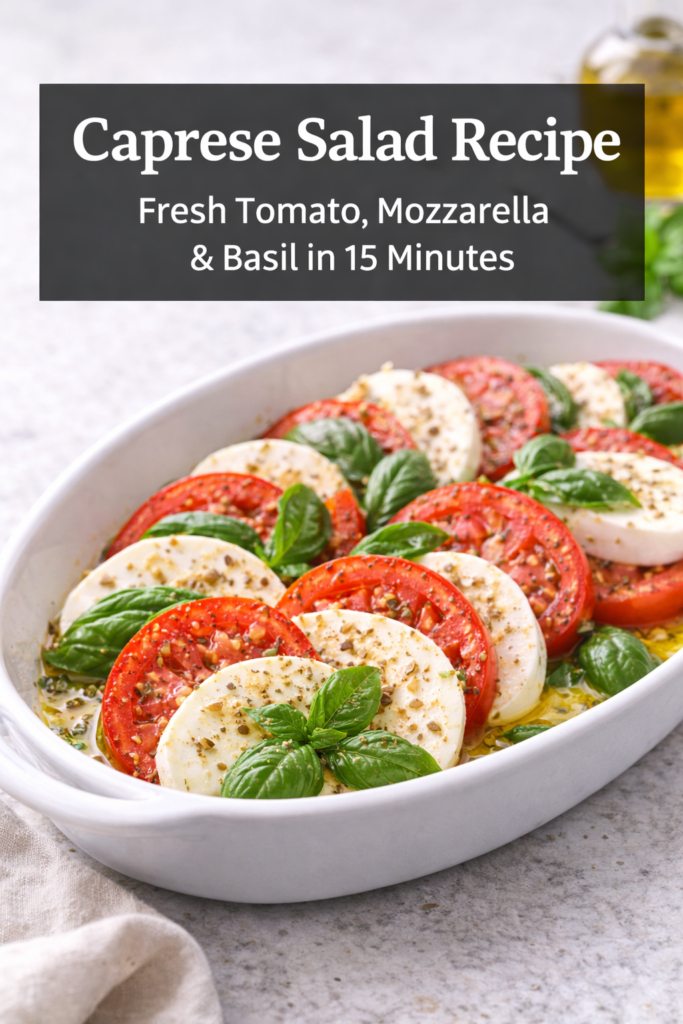 Classic Caprese Salad Recipe with Fresh Mozzarella and Basil 9 Caprese salad recipe pin showing layered tomatoes, mozzarella, basil, and vinaigrette.