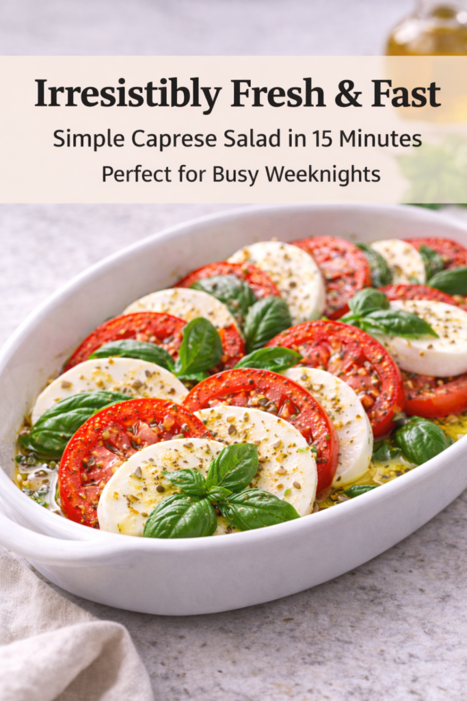 Classic Caprese Salad Recipe with Fresh Mozzarella and Basil 10 Caprese salad recipe pin with bold benefit text and a close-up of glossy tomato and mozzarella layers.
