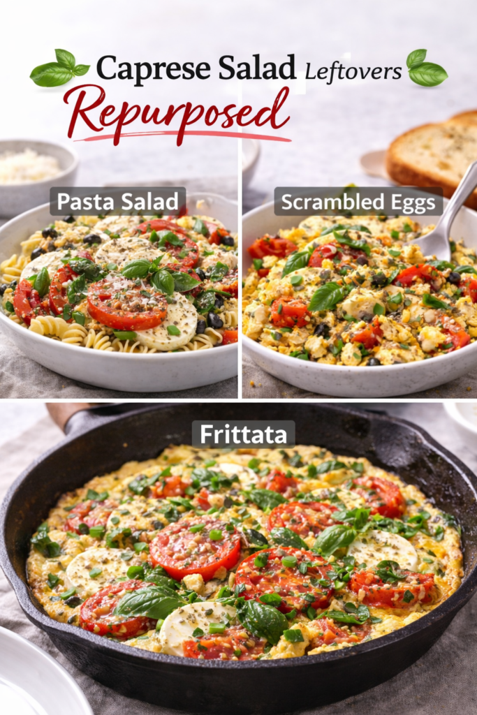 Classic Caprese Salad Recipe with Fresh Mozzarella and Basil 12 Caprese salad recipe leftovers repurposed into pasta salad, scrambled eggs, and frittata.