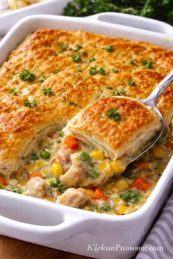 Chicken Pot Pie Casserole (Easy Creamy Comfort Bake) 1 Chicken pot pie with puff pastry baked in a white casserole dish with a flaky golden crust and creamy chicken and vegetable filling.