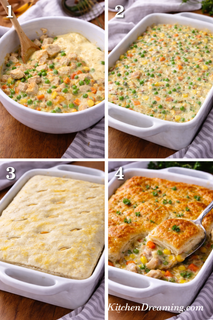 Chicken Pot Pie Casserole (Easy Creamy Comfort Bake) 2 Four step collage showing chicken pot pie with puff pastry from mixing the filling to baking the golden flaky crust.