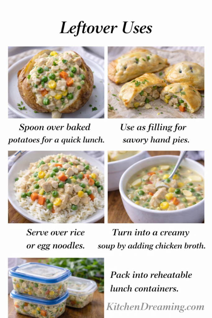 Chicken Pot Pie Casserole (Easy Creamy Comfort Bake) 4 Graphic showing five leftover uses for chicken pot pie filling including baked potatoes, hand pies, rice or noodles, soup, and lunch containers.