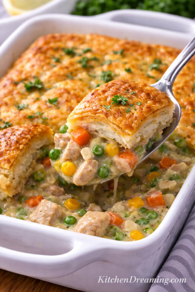 Chicken Pot Pie Casserole (Easy Creamy Comfort Bake) 5 Close up serving sppon of chicken pot pie with puff pastry showing flaky crust and creamy chicken and vegetable filling.