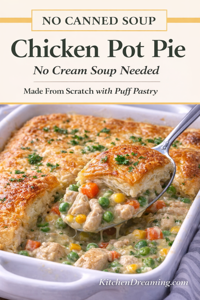 Chicken Pot Pie Casserole (Easy Creamy Comfort Bake) 8 Chicken pot pie with puff pastry in a casserole dish with a flaky golden top and creamy chicken and vegetable filling, made without cream of chicken soup.