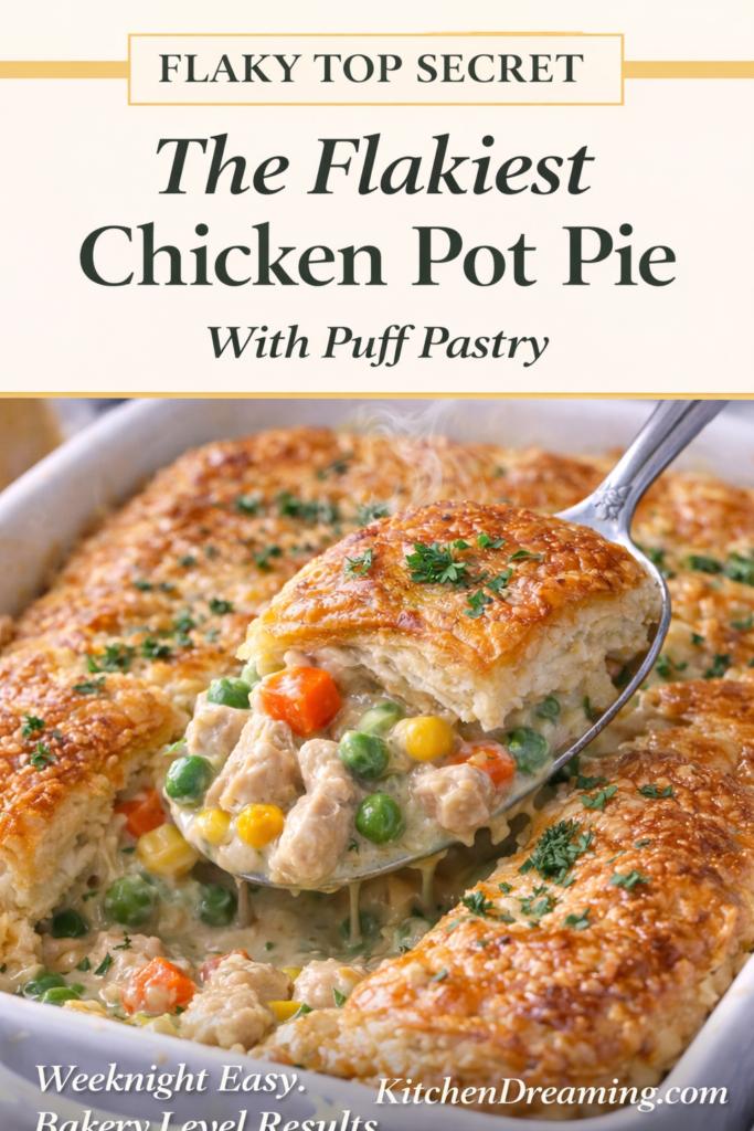 Chicken Pot Pie Casserole (Easy Creamy Comfort Bake) 9 Close up fork bite of chicken pot pie with puff pastry showing flaky crust and creamy chicken and vegetable filling.