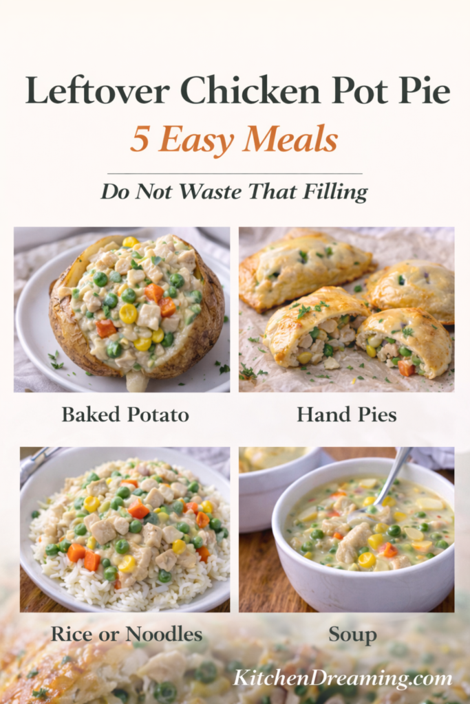 Chicken Pot Pie Casserole (Easy Creamy Comfort Bake) 10 Graphic showing five leftover uses for chicken pot pie filling, including baked potatoes, hand pies, rice or noodles, soup, and meal prep containers.