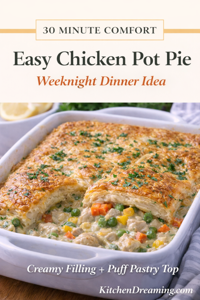 Chicken Pot Pie Casserole (Easy Creamy Comfort Bake) 11 Golden baked chicken pot pie with puff pastry in a casserole dish, showing creamy filling with chicken, vegetables, and onions.