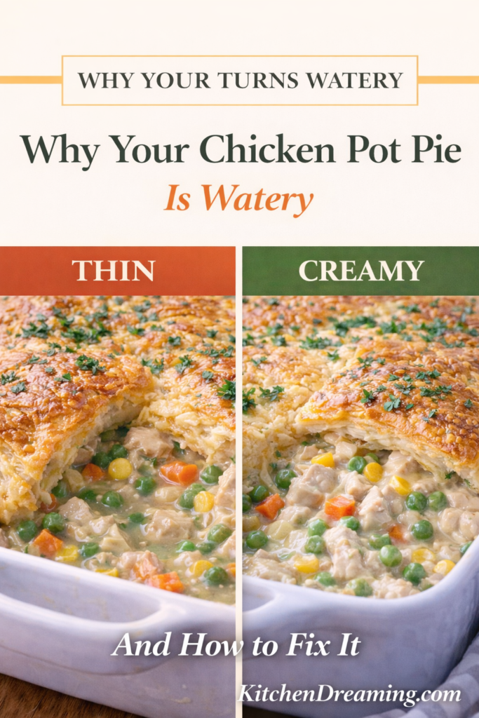 Chicken Pot Pie Casserole (Easy Creamy Comfort Bake) 12 Side by side comparison showing watery versus creamy chicken pot pie filling under puff pastry, with tips to fix runny pot pie.